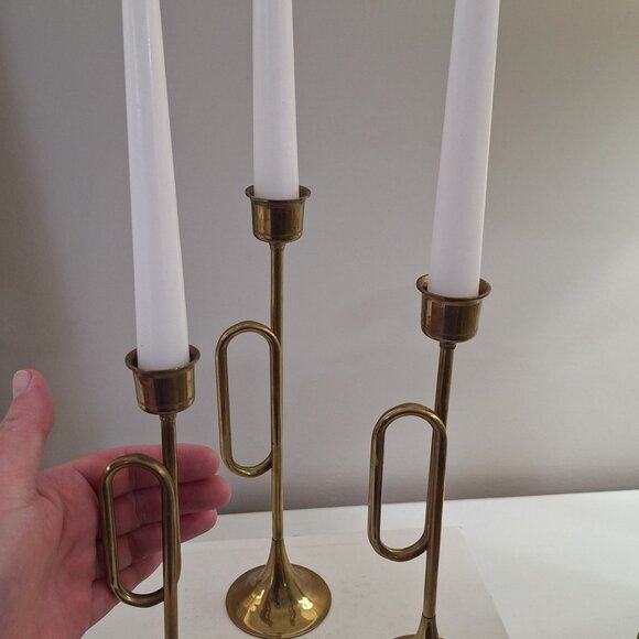 3 Vintage Brass Candle Holders Christmas horn taper candlestick - Picture 2 of 5